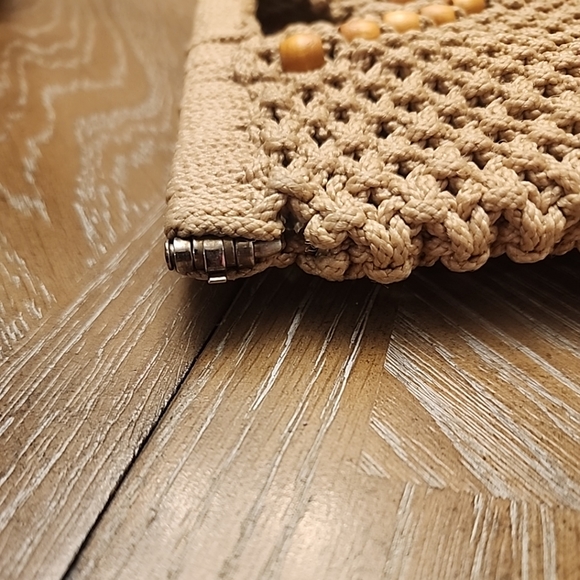 Macrame Hinged Handbag Purse Beaded Clutch Vintage 1970s Handmade Brown - Picture 8 of 10